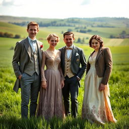 A group of three aristocrat siblings, two brothers and one sister, all appearing to be around 35 years old