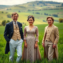 A group of three aristocrat siblings, two brothers and one sister, all appearing to be around 35 years old