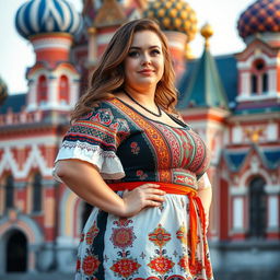 A graceful Russian plus-size woman with distinct features, showcasing her curvy figure in a stylish and colorful traditional dress
