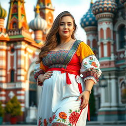 A graceful Russian plus-size woman with distinct features, showcasing her curvy figure in a stylish and colorful traditional dress