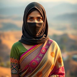 A mesmerizing Indian woman dressed in a beautifully draped saree that highlights her figure, with intricate patterns and vibrant colors reflecting traditional style