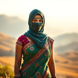 A mesmerizing Indian woman dressed in a beautifully draped saree that highlights her figure, with intricate patterns and vibrant colors reflecting traditional style