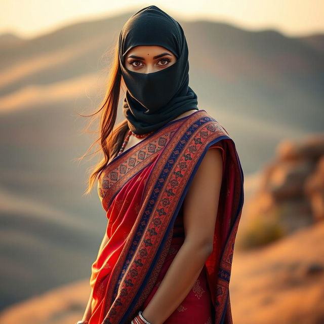 A mesmerizing Indian woman dressed in a beautifully draped saree that highlights her figure, with intricate patterns and vibrant colors reflecting traditional style