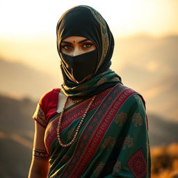 A mesmerizing Indian woman dressed in a beautifully draped saree that highlights her figure, with intricate patterns and vibrant colors reflecting traditional style