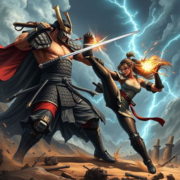 A dynamic action scene featuring two powerful warriors engaged in an epic battle, showcasing their impressive martial arts skills