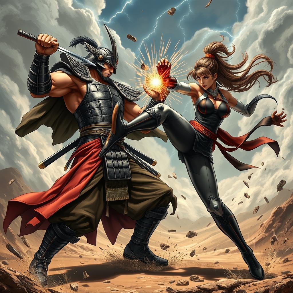 A dynamic action scene featuring two powerful warriors engaged in an epic battle, showcasing their impressive martial arts skills