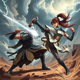 A dynamic action scene featuring two powerful warriors engaged in an epic battle, showcasing their impressive martial arts skills