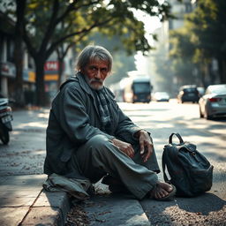 A powerful scene depicting a poor man sitting on the roadside, wearing tattered clothes and a weary expression