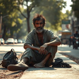 A powerful scene depicting a poor man sitting on the roadside, wearing tattered clothes and a weary expression