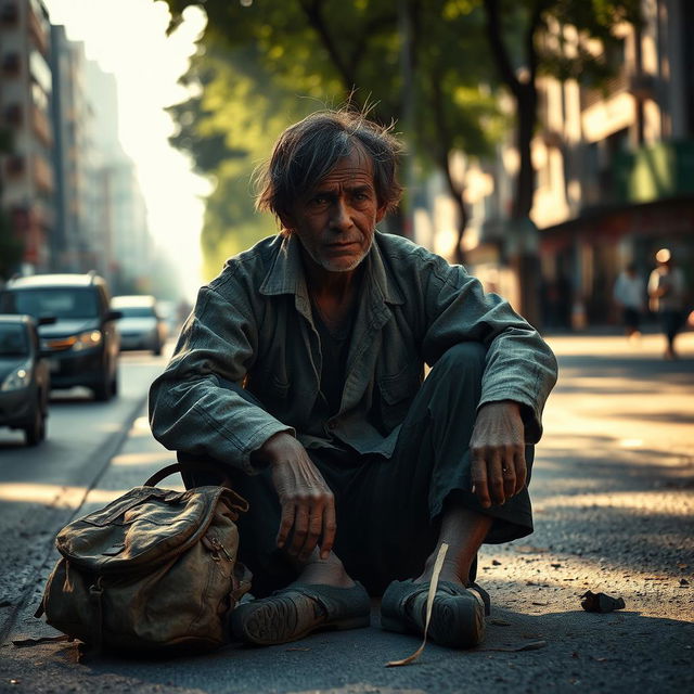 A powerful scene depicting a poor man sitting on the roadside, wearing tattered clothes and a weary expression