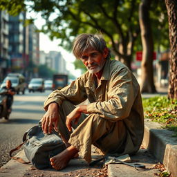A powerful scene depicting a poor man sitting on the roadside, wearing tattered clothes and a weary expression