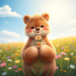 A serene and picturesque landscape featuring a fuzzy, cute, cartoon-style animal in the foreground, holding a flower in its paws