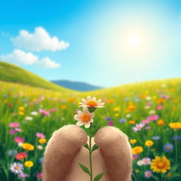 A serene and picturesque landscape featuring a fuzzy, cute, cartoon-style animal in the foreground, holding a flower in its paws