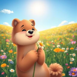 A serene and picturesque landscape featuring a fuzzy, cute, cartoon-style animal in the foreground, holding a flower in its paws