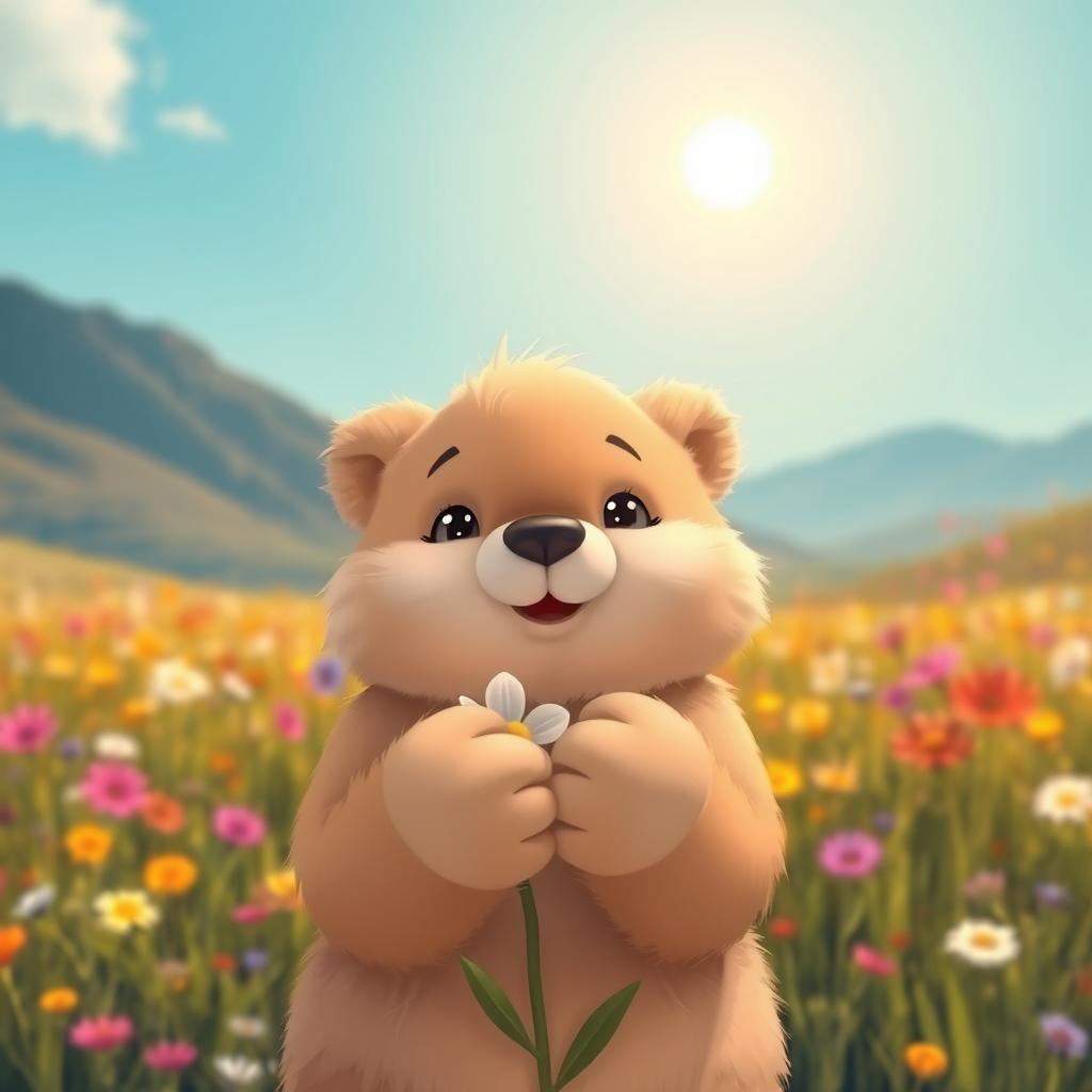 A serene and picturesque landscape featuring a fuzzy, cute, cartoon-style animal in the foreground, holding a flower in its paws