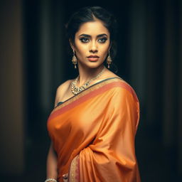 A captivating Indian woman dressed in a beautifully designed saree that elegantly drapes over her form, showcasing her beauty and poise