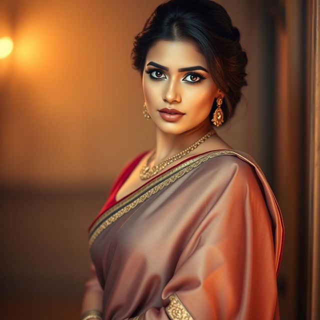 A captivating Indian woman dressed in a beautifully designed saree that elegantly drapes over her form, showcasing her beauty and poise