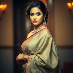 A captivating Indian woman dressed in a beautifully designed saree that elegantly drapes over her form, showcasing her beauty and poise