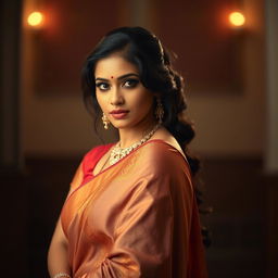 A captivating Indian woman dressed in a beautifully designed saree that elegantly drapes over her form, showcasing her beauty and poise