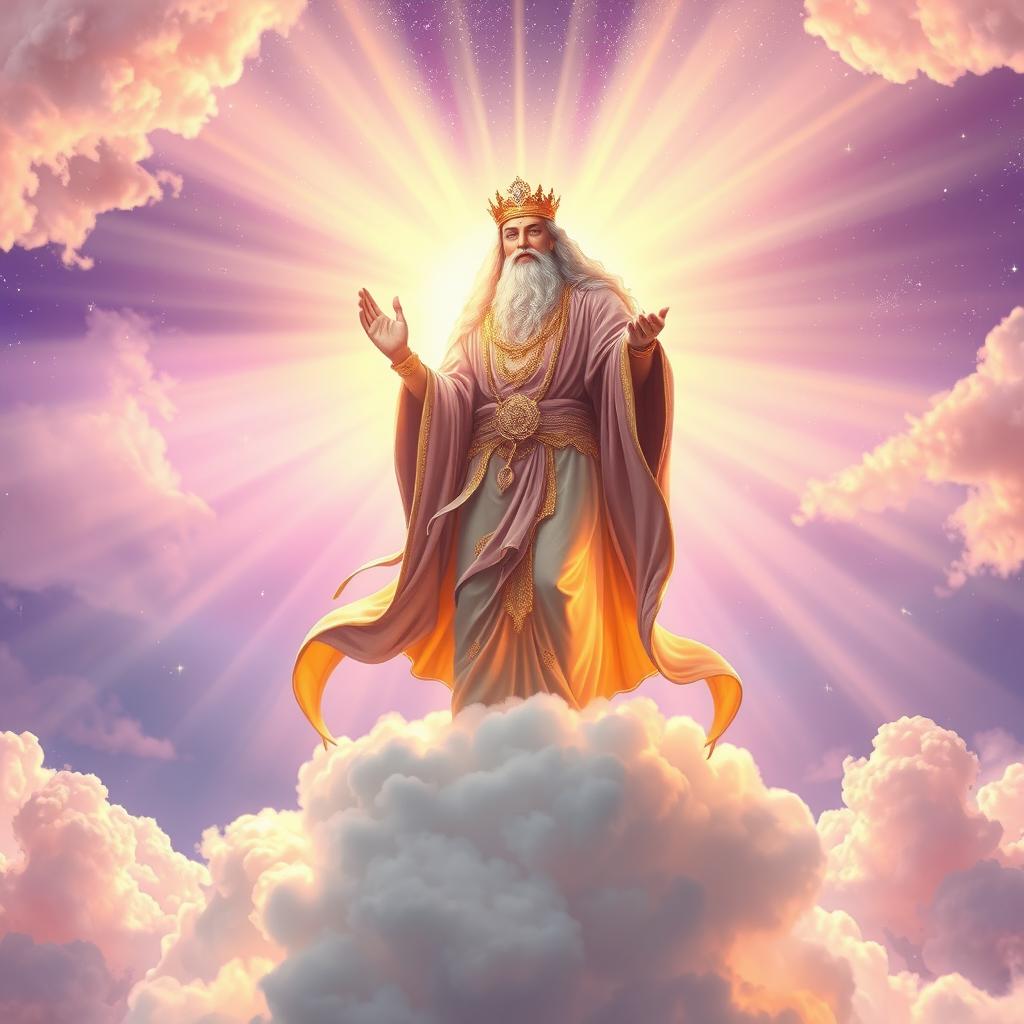An ethereal, celestial background featuring a powerful and majestic god-like figure standing atop a cloud, surrounded by radiant beams of light