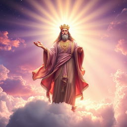 An ethereal, celestial background featuring a powerful and majestic god-like figure standing atop a cloud, surrounded by radiant beams of light