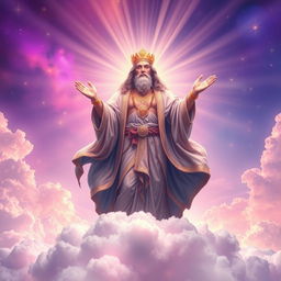 An ethereal, celestial background featuring a powerful and majestic god-like figure standing atop a cloud, surrounded by radiant beams of light