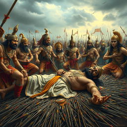 An epic scene depicting Bhishma Vadh from the Indian epic Mahabharata, focusing on the moment of Bhishma's fall after being struck by arrows