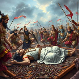 An epic scene depicting Bhishma Vadh from the Indian epic Mahabharata, focusing on the moment of Bhishma's fall after being struck by arrows
