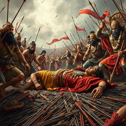 An epic scene depicting Bhishma Vadh from the Indian epic Mahabharata, focusing on the moment of Bhishma's fall after being struck by arrows