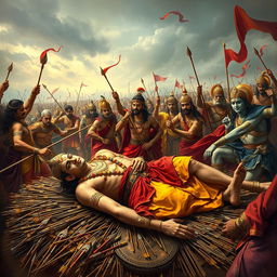 An epic scene depicting Bhishma Vadh from the Indian epic Mahabharata, focusing on the moment of Bhishma's fall after being struck by arrows