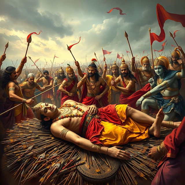 An epic scene depicting Bhishma Vadh from the Indian epic Mahabharata, focusing on the moment of Bhishma's fall after being struck by arrows