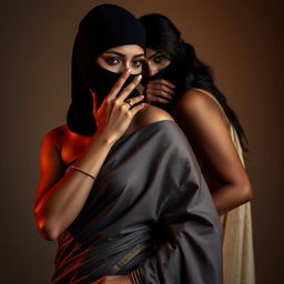 An artistic and striking composition featuring two Indian women, one elegantly dressed in a beautifully draped saree that enhances her curves, and a tight balaclava that adds an element of intrigue
