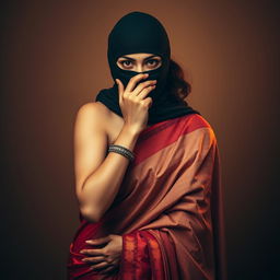 An artistic and striking composition featuring two Indian women, one elegantly dressed in a beautifully draped saree that enhances her curves, and a tight balaclava that adds an element of intrigue