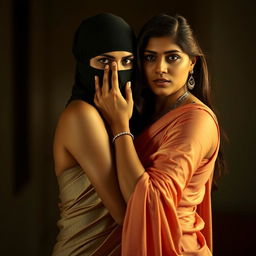 An artistic and striking composition featuring two Indian women, one elegantly dressed in a beautifully draped saree that enhances her curves, and a tight balaclava that adds an element of intrigue