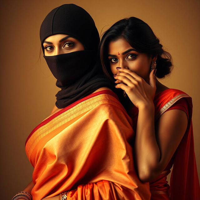 An artistic and striking composition featuring two Indian women, one elegantly dressed in a beautifully draped saree that enhances her curves, and a tight balaclava that adds an element of intrigue