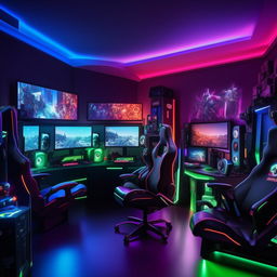 A state-of-the-art gaming room with high-tech monitors, gaming PCs, consoles, comfortable gaming chairs, RGB lighting, and gaming memorabilia decoratively placed.