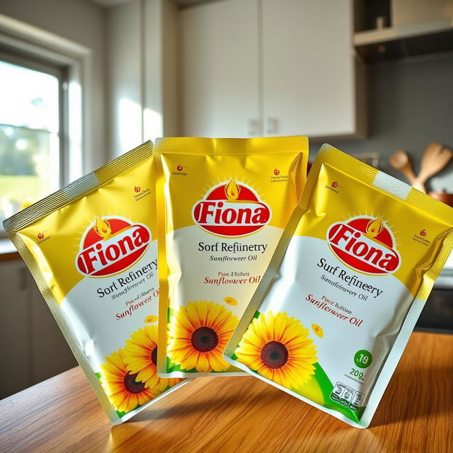 Three packets of Fiona Refinery sunflower oil displayed on a kitchen countertop, each packet featuring an attractive design and bright colors, showcasing the logo prominently