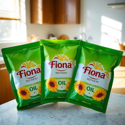 Three packets of Fiona Refinery sunflower oil displayed on a kitchen countertop, each packet featuring an attractive design and bright colors, showcasing the logo prominently