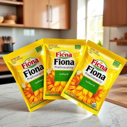 Three packets of Fiona Refinery sunflower oil displayed on a kitchen countertop, each packet featuring an attractive design and bright colors, showcasing the logo prominently