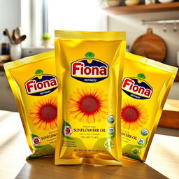 Three packets of Fiona Refinery sunflower oil displayed on a kitchen countertop, each packet featuring an attractive design and bright colors, showcasing the logo prominently