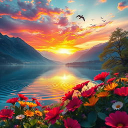 A stunning, enchanting landscape featuring a vibrant sunset over a tranquil lake, with vividly colored flowers in the foreground and majestic mountains in the background