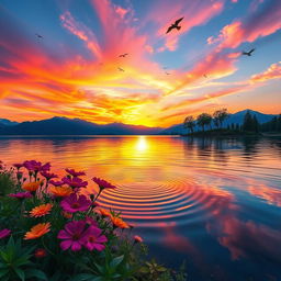 A stunning, enchanting landscape featuring a vibrant sunset over a tranquil lake, with vividly colored flowers in the foreground and majestic mountains in the background