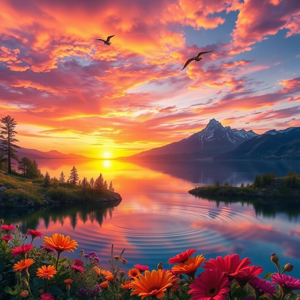 A stunning, enchanting landscape featuring a vibrant sunset over a tranquil lake, with vividly colored flowers in the foreground and majestic mountains in the background