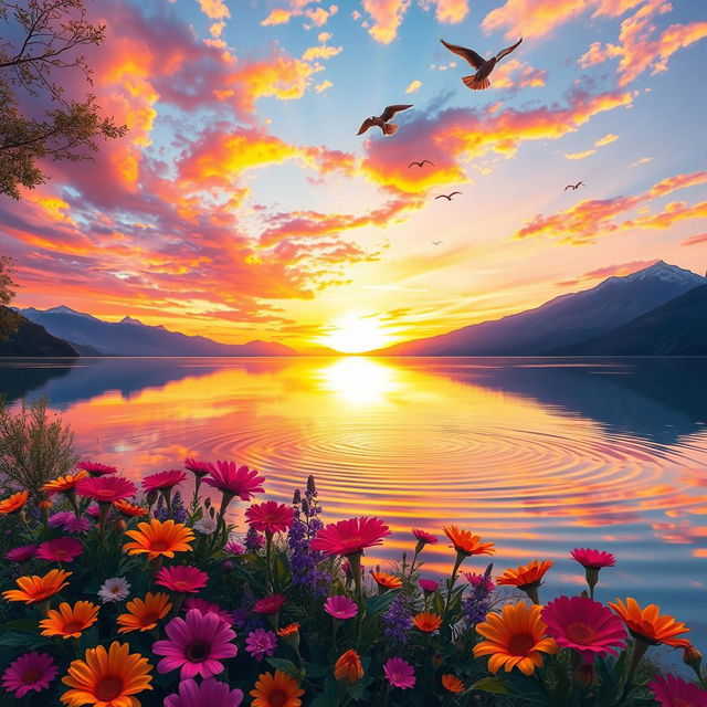 A stunning, enchanting landscape featuring a vibrant sunset over a tranquil lake, with vividly colored flowers in the foreground and majestic mountains in the background