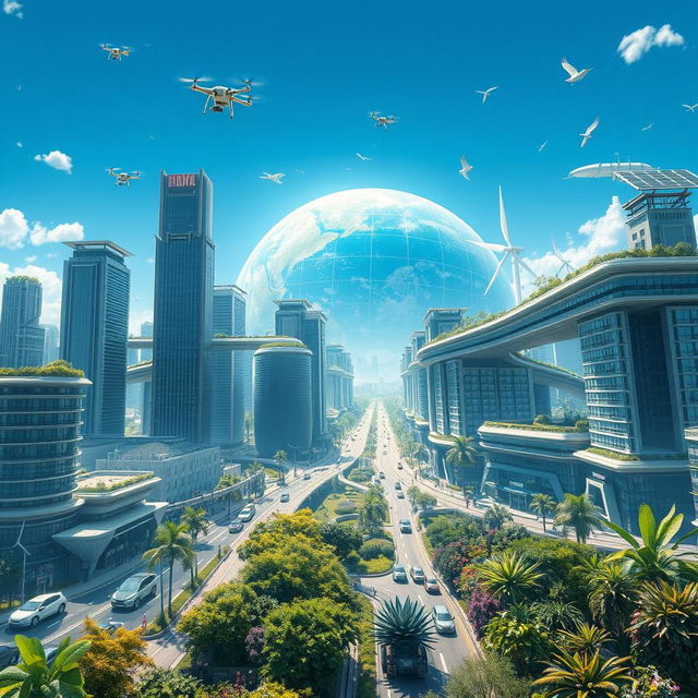 A futuristic vision of Earth in the year 2100, depicting a vibrant, technologically advanced cityscape