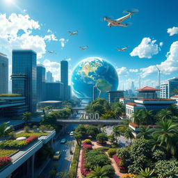 A futuristic vision of Earth in the year 2100, depicting a vibrant, technologically advanced cityscape