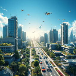 A futuristic vision of Earth in the year 2100, depicting a vibrant, technologically advanced cityscape