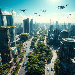 A futuristic vision of Earth in the year 2100, depicting a vibrant, technologically advanced cityscape
