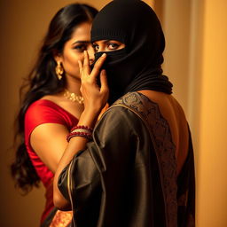 A striking scene featuring an Indian woman clad in a beautifully designed saree that accentuates her silhouette