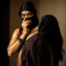A striking scene featuring an Indian woman clad in a beautifully designed saree that accentuates her silhouette